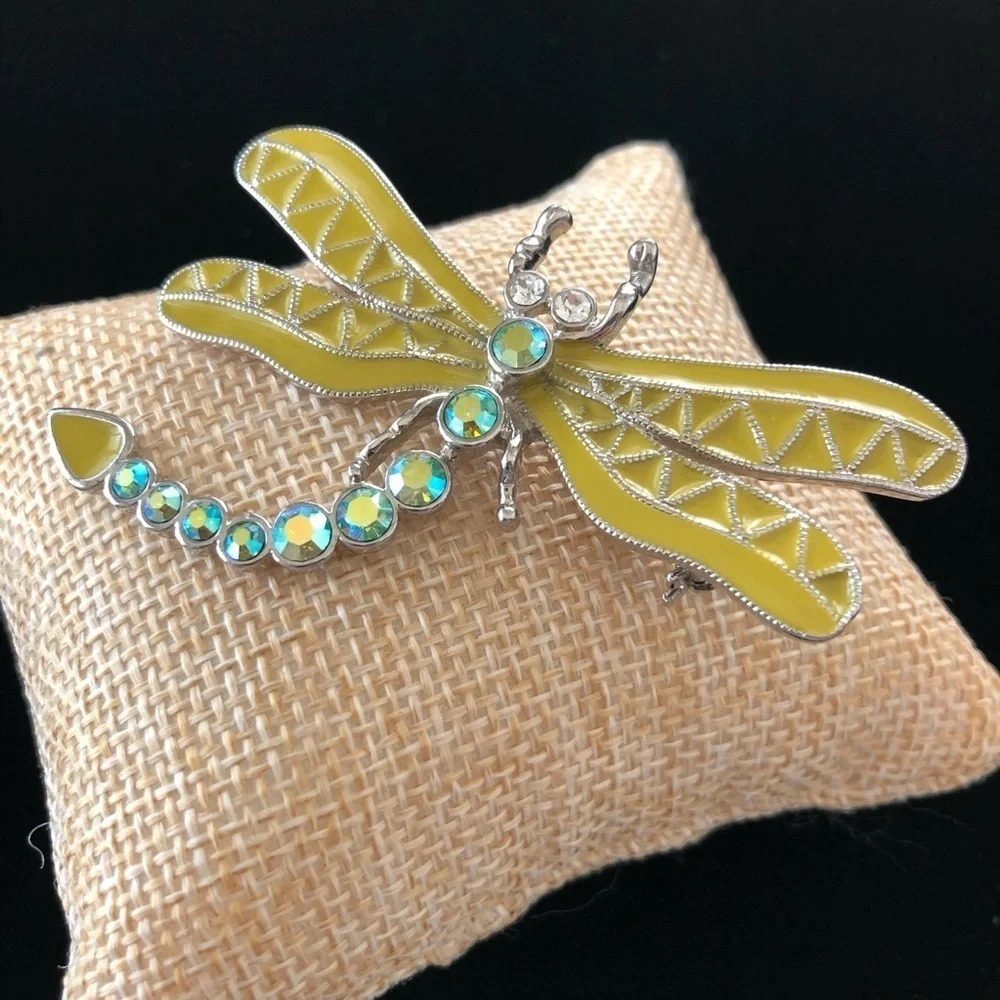 Yellow Silver Tone Dragonfly Pin Brooch Sparkly
